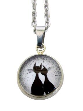 New Cat Couple Glass Pendant Necklace With 18" Stainless Chain Cat Jewelry Gift